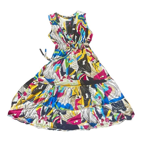 NEW Chaudry Multicolor DRESS Womens LG Ruffled Fit & Flare V-Neck Sleeveless NWT - Picture 1 of 4